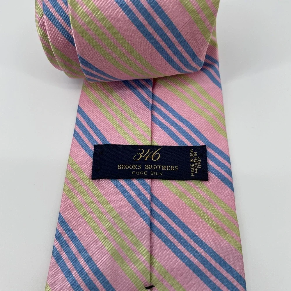 Brooks Brothers 346 Men's Silk Necktie Pink Blue Green Repp Stripe Made in USA - Picture 2 of 4
